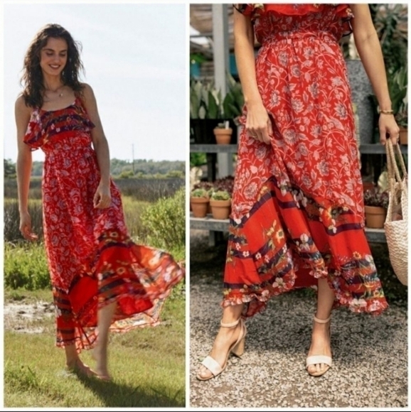 Anthropologie One September Zuri Midi Dress Small Red Floral Stripes Ruffles - Picture 1 of 9